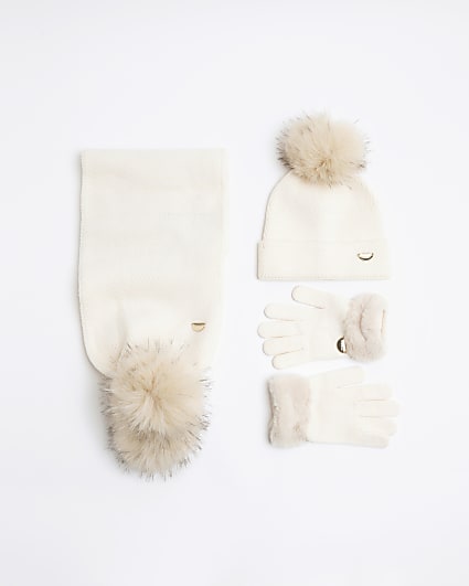 Girls Cream Beanie And Gloves Bundle