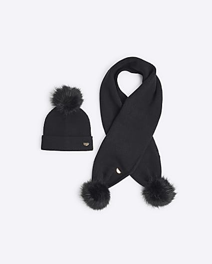 Girls Black Beanie and Scarf Bundle