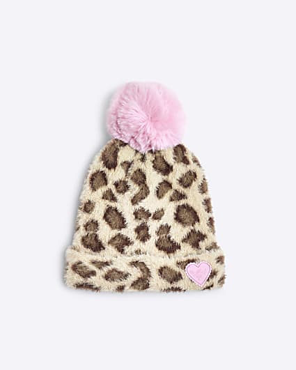 Girls Beige Leopard Pom Pom Beanie Hat