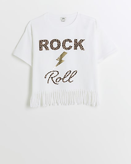 Girls White Fringe Hem Graphic T-Shirt