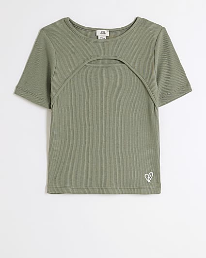 Girls Khaki Ribbed Cut Out T-Shirt