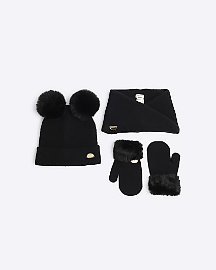 Mini Girls Black Mittens Beanie And Snood Set