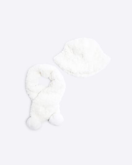 Mini Girls Cream Faux Fur Bucket Hat Set