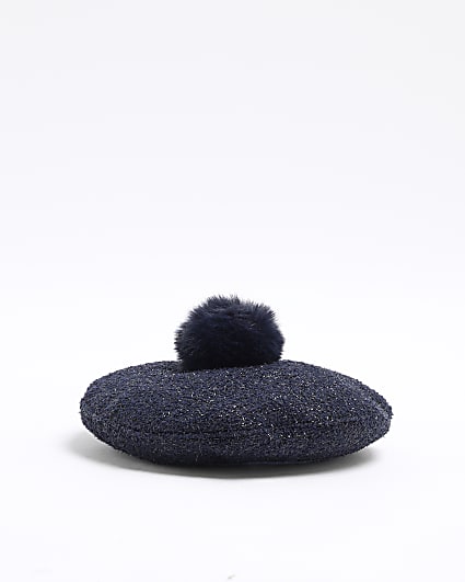 Mini Girls Navy Pom Pom Metallic Beret