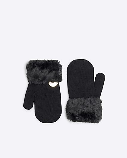 Mini Girls Black Faux Fur Cuff Mittens