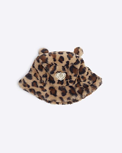 Mini Girls Beige Leopard Faux Fur Bucket Hat