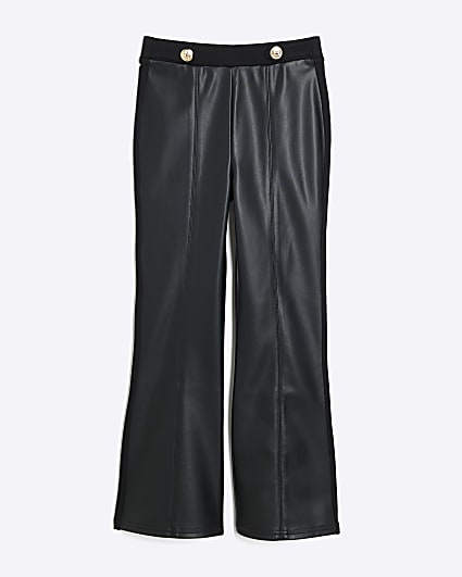 Girls Black Faux Leather Kickflare Trousers