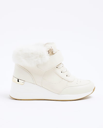 Girls Cream Faux Fur Velcro Wedge Trainers