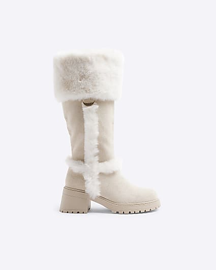 Girls Beige Suedette Faux Fur Knee High Boots