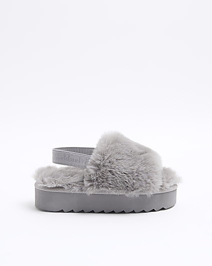 Girls Grey Faux Fur Platform Slippers