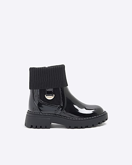 Girls Black Patent Knit Chelsea Boots