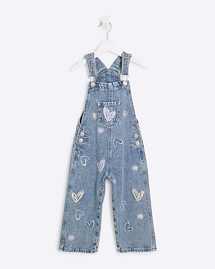 Mini Girls Blue Denim Heart Dungaree