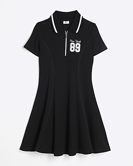 Girls black ribbed half zip dress