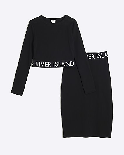 Girls black RI ribbed top and skirt set