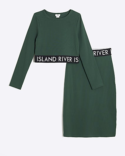 Girls green RI ribbed top and skirt set