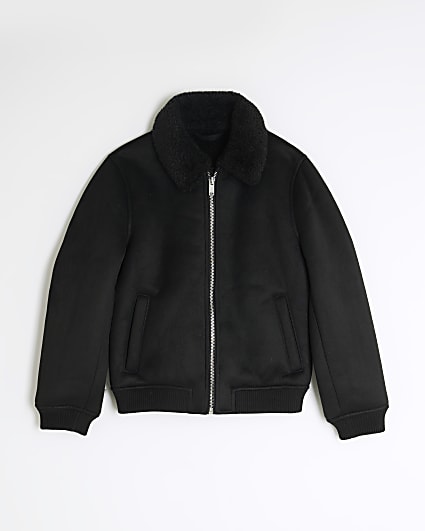 Boys Black Faux Shearling Bomber Jacket