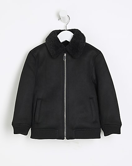 Mini Boys Black Shearling Bomber Jacket