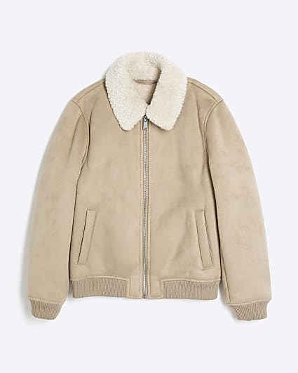 Boys Stone Shearling Bomber Jacket