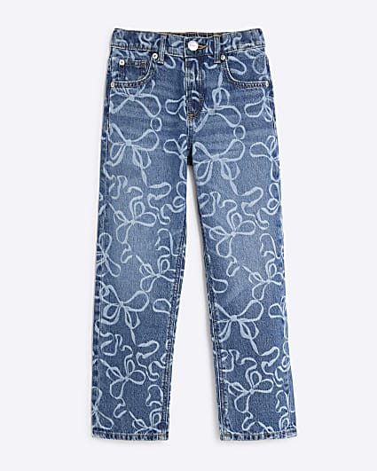 Girls Denim Bow Laser Cut Mom Jeans