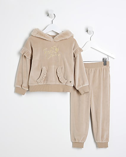 Mini girls Beige velour Fur Trim Hoody Set