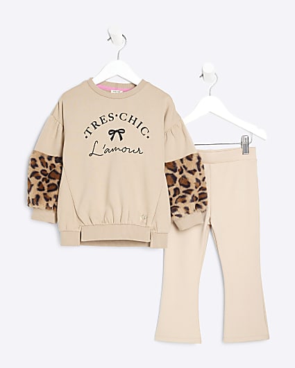 Mini Girls Beige Leopard Faux Fur Sleeve Set