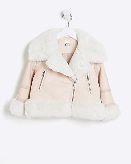 Mini Girls Pink Faux Fur Aviator Jacket