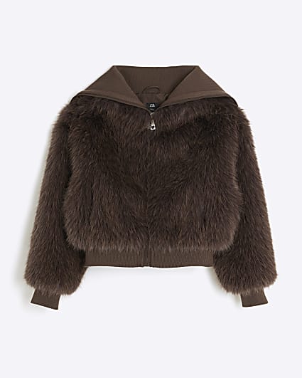 Girls Brown Faux Fur Coat