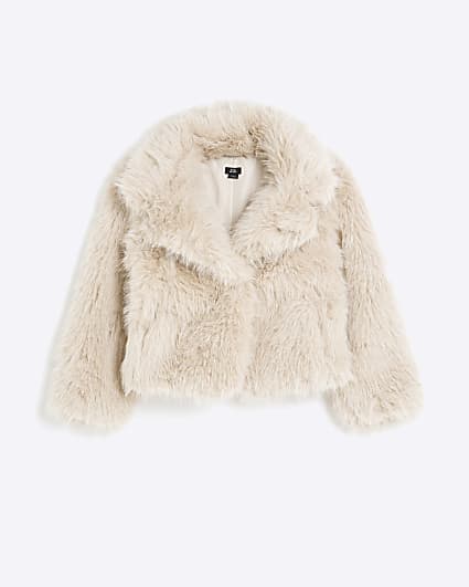 Girls Cream Faux Fur Jacket