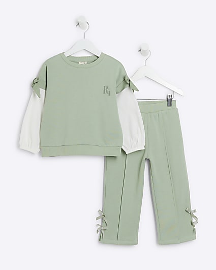 Mini girls khaki bow hybrid sweatshirt set