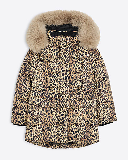 Girls Brown Leopard Print Hooded Padded Coat