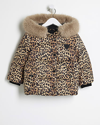 Mini girls brown leopard print padded jacket