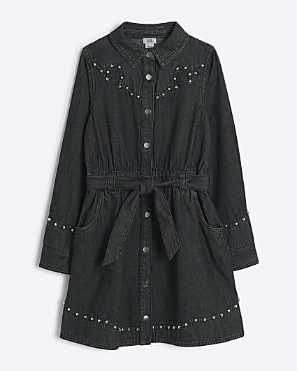 Girls grey studded belted shirt dress