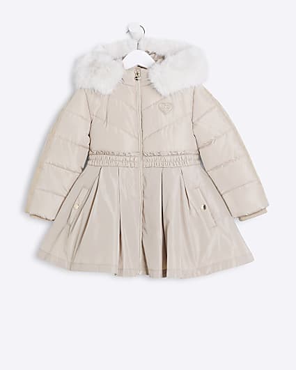 Mini Girls Cream Pleated Skirt Padded Coat