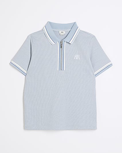 Boys blue textured tipped half zip polo