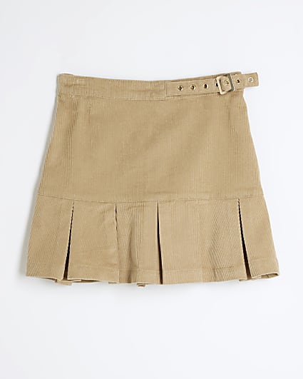 Girls Beige Corduroy Buckle Pleated Skirt