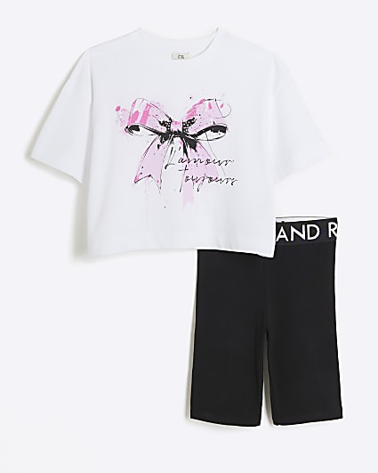 Girls white bow t-shirt and shorts set