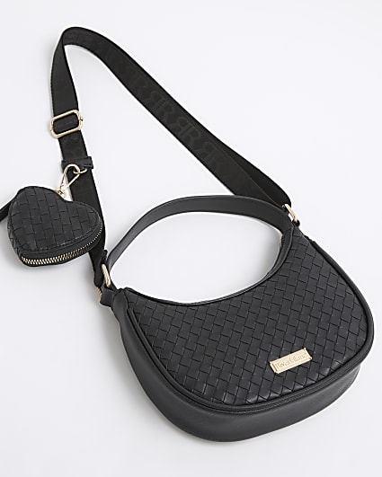 Girls black woven shoulder bag