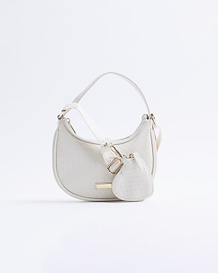 Girls Cream Weave Embossed Scoop Shoulder Bag