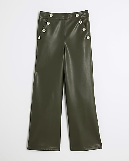 Girls khaki faux leather wide leg trousers