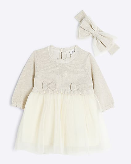 Baby girls cream knitted mesh dress set