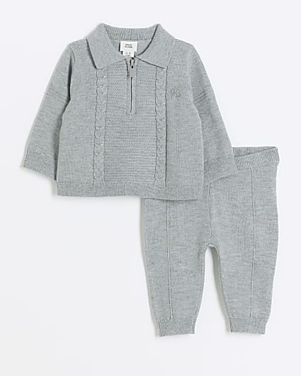 Baby Boys Grey Cable Knit Polo Set