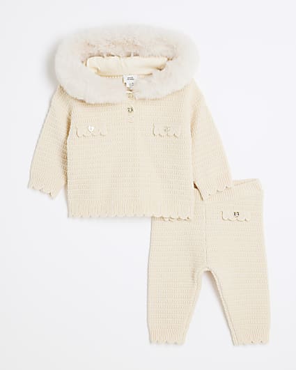 Baby Girls Cream Knitted Hooded Set