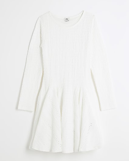 Girls white textured long sleeve dress