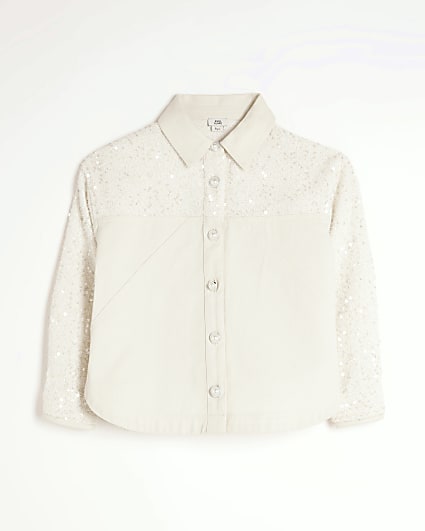 Girls Cream Twill Sequin Shacket