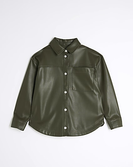 Girls khaki faux leather overshirt