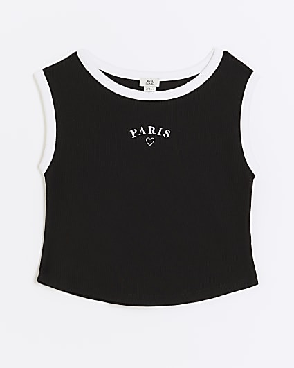 Girls black ribbed embroidered vest top