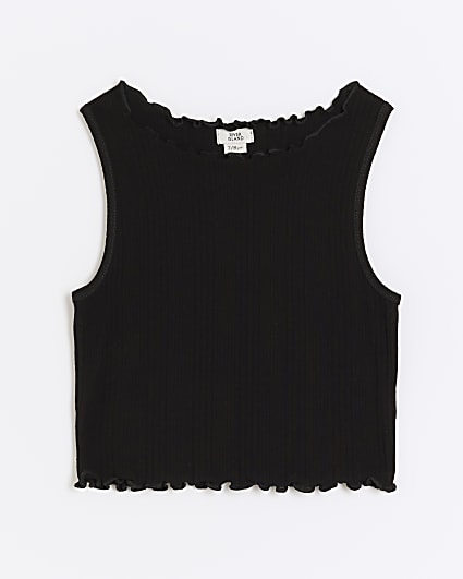 Girls black ribbed lettuce hem vest top