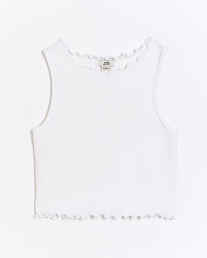 Girls white ribbed lettuce hem vest top