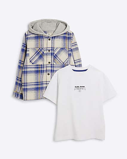 Boys Blue Check Hooded Shacket Set