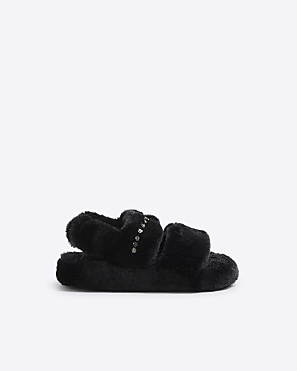 Girls Black Faux Fur Open Toe Slippers